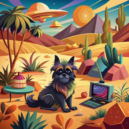 Illustration for Affenpinscher dog isolated rests desert TV vector - Royalty Free Image