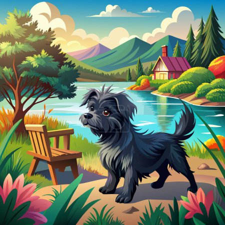 Illustration for Affenpinscher dog lively walks lake chair vector - Royalty Free Image