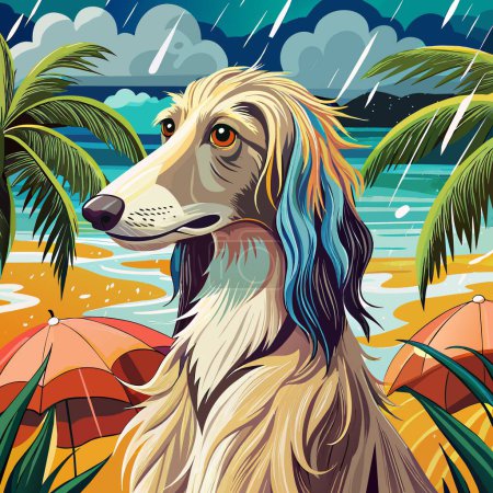 Afghan Hound dog preoccupied looks beach Rain vector