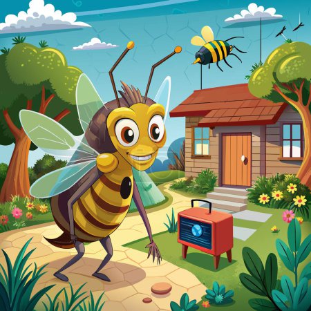 Illustration for Africanized Bee scared smiles house TV vector - Royalty Free Image