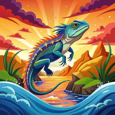 Illustration for Agama Lizard stunned jumps sea Flower vector - Royalty Free Image