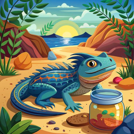 Illustration for Agama Lizard sullen lies beach Jar vector - Royalty Free Image