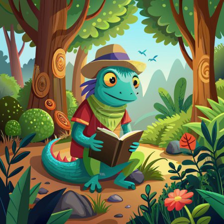 Illustration for Agama Lizard sympathetic reading forest notebook vector - Royalty Free Image