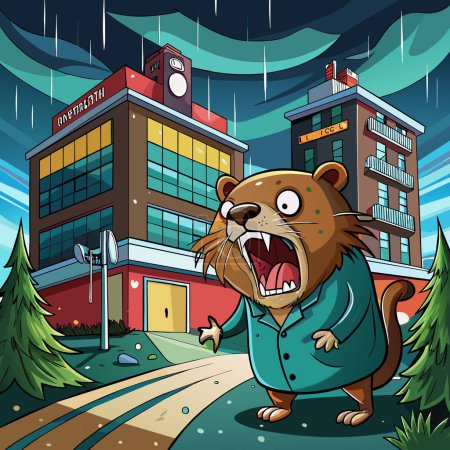 Illustration for Agouti rodent threatening screams hospital Rain vector - Royalty Free Image