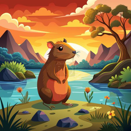 Illustration for Agouti rodent unhappy stands lake Sun vector - Royalty Free Image