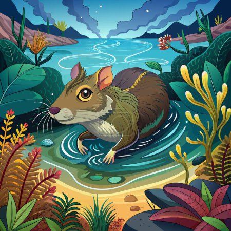 Illustration for Agouti rodent unsuitable swims ocean table vector - Royalty Free Image