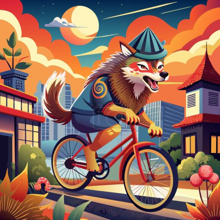 Illustration for Ainu Dog worried jumps street Bicycle vector - Royalty Free Image