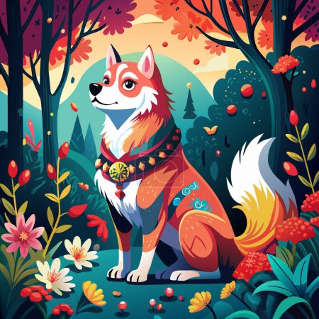 Illustration for Ainu Dog agile looks forest Flower vector - Royalty Free Image