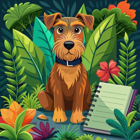 Airedale Terrier dog annoyed sits jungle notebook vector