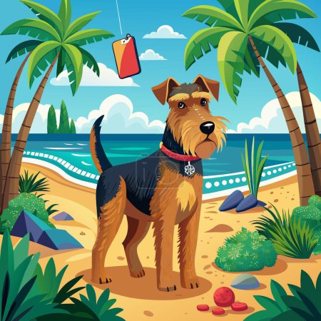 Illustration for Airedale Terrier dog ardent stands ocean Phone vector - Royalty Free Image
