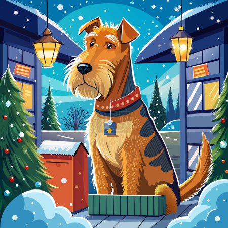 Illustration for Airedale Terrier dog blissful angry post office Snow vector - Royalty Free Image