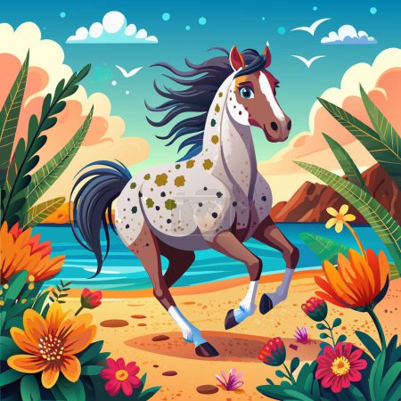 Appaloosa cheval excité va plage vecteur de fleurs
