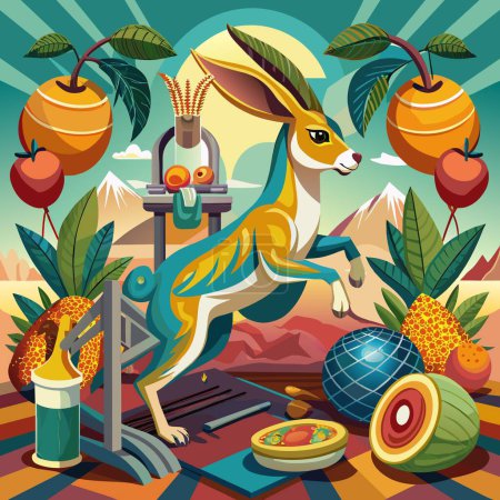 Illustration for Antelope Jackrabbit rodent sad runs gym Fruits vector - Royalty Free Image