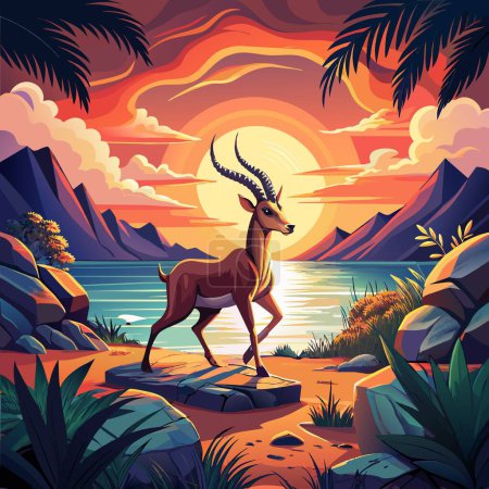 Antelope lost walks ocean Sun vector