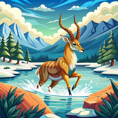 Antelope lively swims lake Snow vector