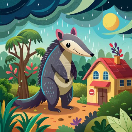 Illustration for Anteater rodent left smiles house Rain vector - Royalty Free Image
