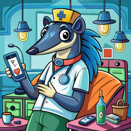 Illustration for Anteater rodent kind sits hospital Phone vector - Royalty Free Image