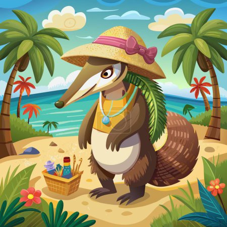 Illustration for Anteater rodent intimidated looks beach hat vector - Royalty Free Image