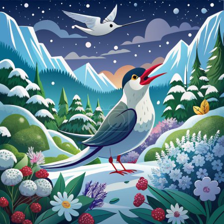 Illustration for Antarctic Tern bird helpful screams garden Snow vector - Royalty Free Image