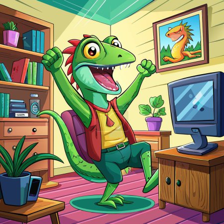 Anole Lizard supportive jumps office TV vector