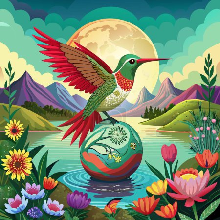 Illustration for Annas Hummingbird bird powerless goes lake Ball vector - Royalty Free Image