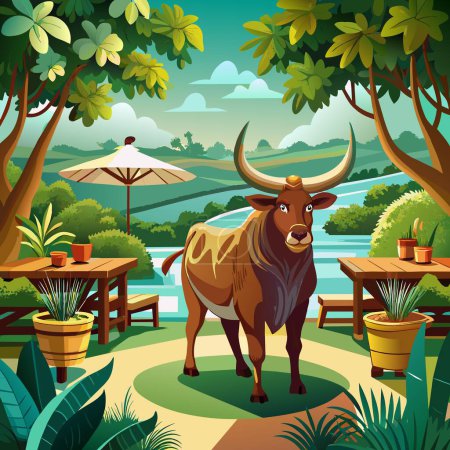 Illustration for Ankole-Watusi bull oppressive walks garden table vector - Royalty Free Image