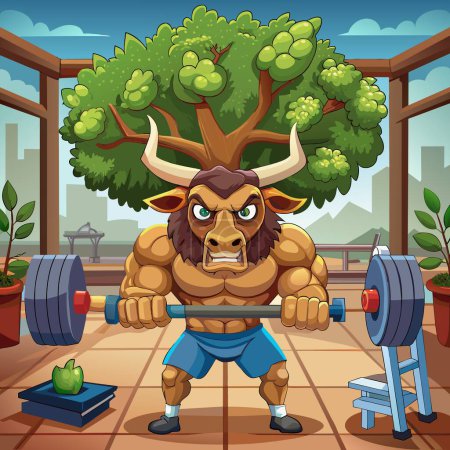 Illustration for Ankole-Watusi bull panicked angry gym Tree vector - Royalty Free Image
