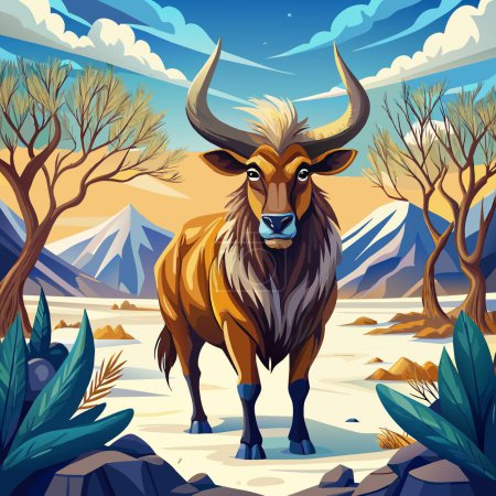 Illustration for Ankole-Watusi bull nervous stands desert Snow vector - Royalty Free Image