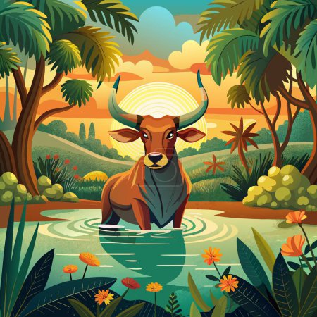 Illustration for Ankole-Watusi bull oppressed swims forest Sun vector - Royalty Free Image