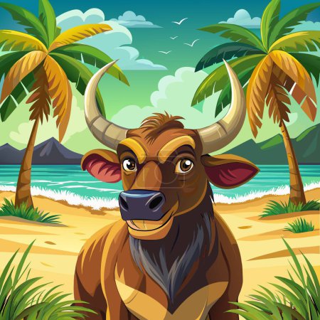Illustration for Ankole-Watusi bull lost smiles beach Refrigerator vector - Royalty Free Image