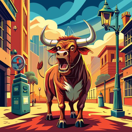 Illustration for Ankole-Watusi bull listening screams street Phone vector - Royalty Free Image