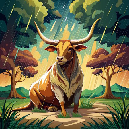 Illustration for Ankole-Watusi bull lively sits bank Rain vector - Royalty Free Image