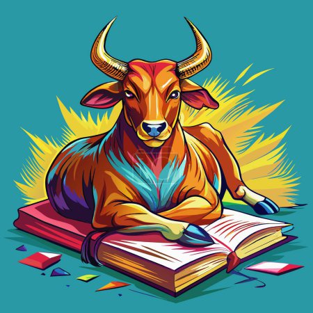 Illustration for Ankole-Watusi bull kind rests school notebook vector - Royalty Free Image