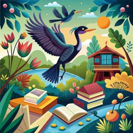 Illustration for Anhinga bird indignant flies house book vector - Royalty Free Image
