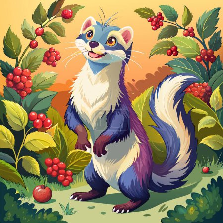 Illustration for Angora Ferret rodent enthusiastic stands bank Berries vector - Royalty Free Image