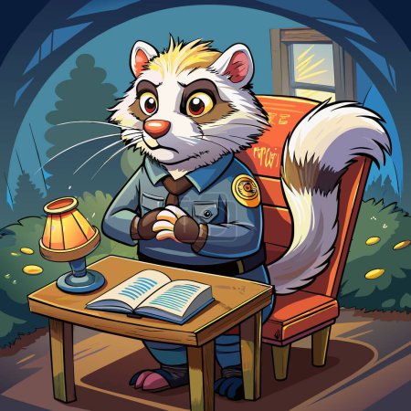 Illustration for Angora Ferret rodent disappointed reading police table vector - Royalty Free Image