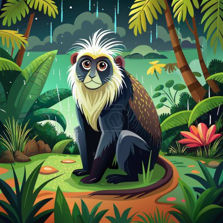 Angolan Colobus monkey desecrated knocks jungle Rain vector