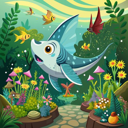 Téléchargez les illustrations : Angelshark poisson étonné mouches jardin réfrigérateur vecteur - en licence libre de droit