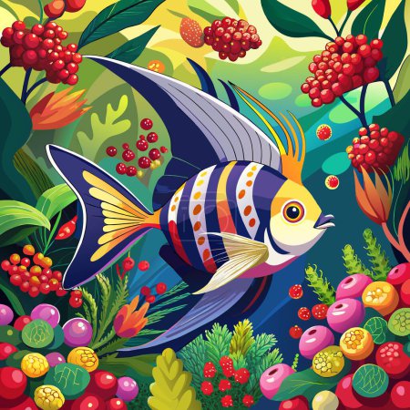 Ilustración de Angelfish fish trembling lies jungle Berries vector - Imagen libre de derechos