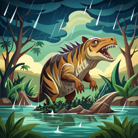Téléchargez les illustrations : Andrewsarchus dinosaure étourdi nage mer Vecteur de pluie - en licence libre de droit