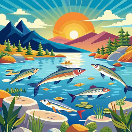 Ilustración de Anchoas peces caliente corre lago vector Sol - Imagen libre de derechos