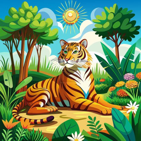 Amur Tiger disgraced lies garden Sun vector