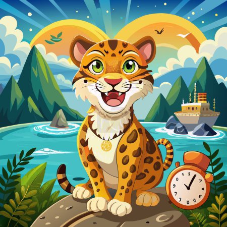 Amur Leopard cheerful smiles ocean Clock vector