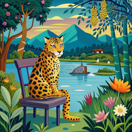 Amur Leopard cheating sits lake chair vector