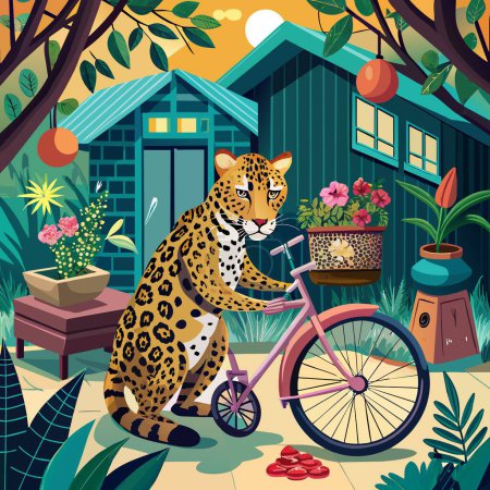 Amur Leopard caring runs house Bicycle vector