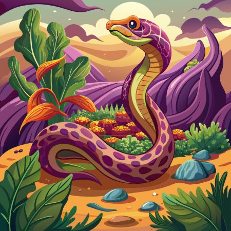 Illustration for Amethystine Python timid goes sea Vegetables vector - Royalty Free Image
