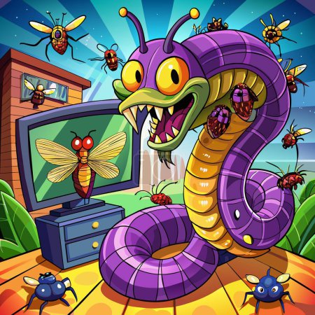 Illustration for Amethystine Python threatening flies school TV vector - Royalty Free Image