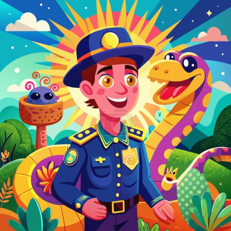Illustration for Amethystine Python sympathetic angry police Sun vector - Royalty Free Image