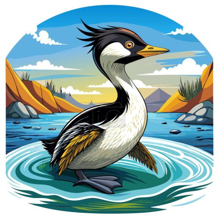 Clarks Grebe bird intimidated goes ocean vector. AI generated image. Clipart cartoon deisgn icon