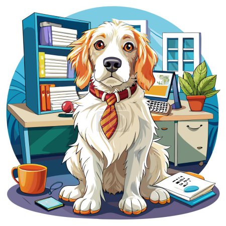 Clumber Spaniel Hund erschöpft sitzt Büro Vektor. KI generierte Image. Clipart-Karikatur deisgn icon